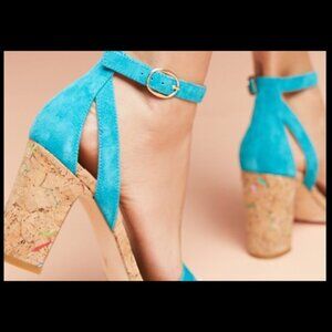 Anthropologie Colorful Speckled Cork Heels Teal Blue Leather Ankle Strap, sz 9